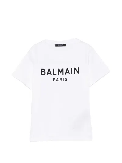 Balmain Essential Printed Logo Neck T-shirt For Boys In White