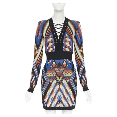 Pre-owned Balmain Ethnic Tribal Knitted Lace V-neck Bodycon Mini Dress Fr38 M In Black
