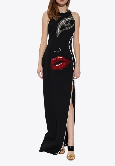 Balmain Face Motif Embroidered Maxi Dress In Black