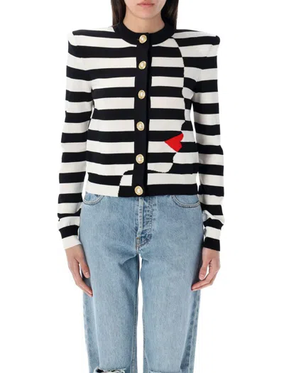 BALMAIN BALMAIN FACE MOTIF KNIT MARINIÈRE CARDIGAN