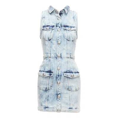 Pre-owned Balmain Faded Blue Distressed Denim Silver Buttons 4 Pocket Fitted Dress Fr34 Xs