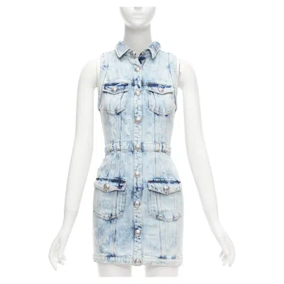 Pre-owned Balmain Faded Blue Distressed Denim Silver Buttons 4 Pocket Fitted Dress Fr34 Xs