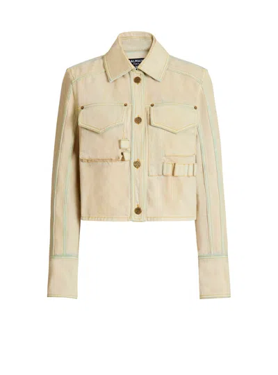 Balmain Faded Denim Jacket In Sand