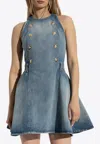Balmain Button-embellished Embroidered Denim Mini Dress In Blue