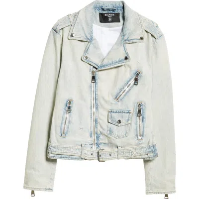 Balmain Faded Denim Moto Jacket In China Blue