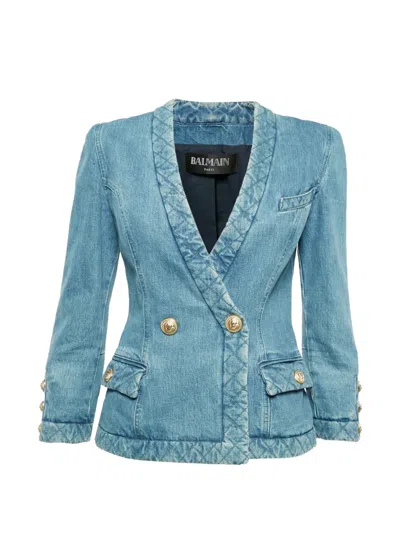 Pre-owned Balmain Faded Double-breasted Blazer In Blue