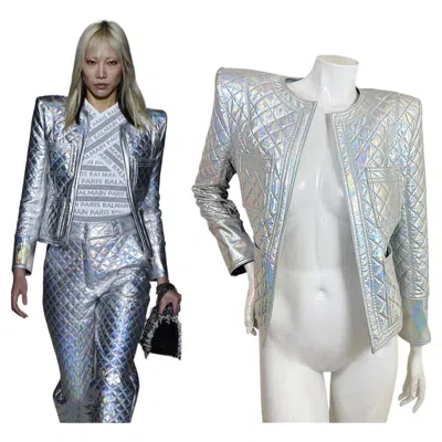 Pre-owned Balmain Fall 2018 Look 8 Runway Holographic Silver Quilted Jacket 38