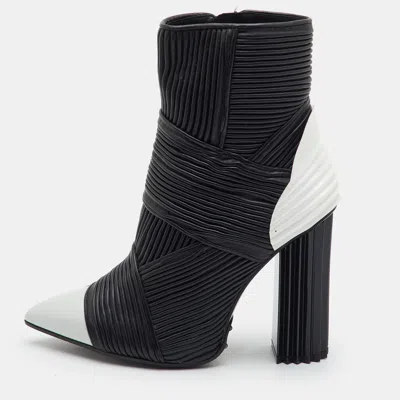 Pre-owned Balmain Fall Ribbed Moto Size 37 Black/white Leather Pointed Toe Ankle Length Boots