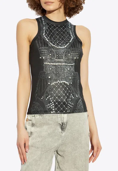 Balmain Faux Embroidery Print Tank Top In Black