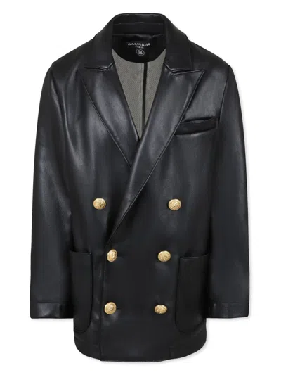 Balmain Kids' Faux-leather Blazer In Black