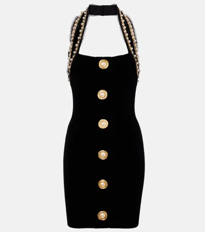 Balmain Faux Pearl-embellished Velvet Minidress