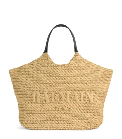 Balmain Faux Raffia Logo Tote Bag In Sand
