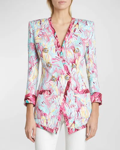 Balmain Feather-print Collarless Long Double-breasted Jacket In Pink