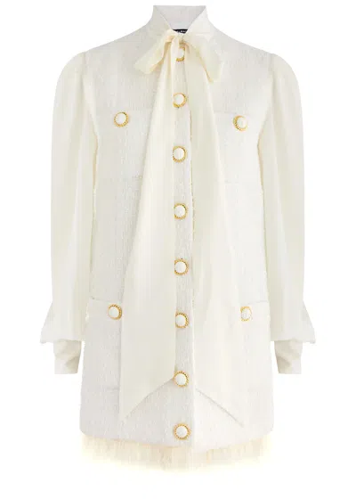 Balmain Feather-trimmed Silk And Tweed Mini Dress In White