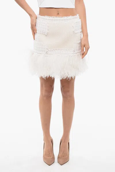 Balmain Feathered Bottom Tweed Miniskirt In White