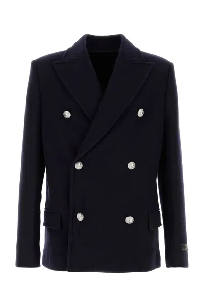 Balmain Blue Double-breasted Coat With Logo Buttons