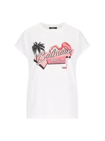 Balmain 'fenicottero Rosa' T-shirt In White