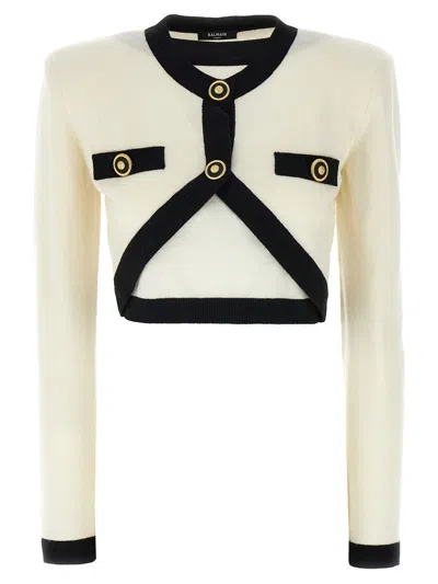 BALMAIN BALMAIN 'CROP' CREAM WOOL BLEND CARDIGAN