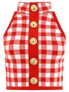 Balmain Cropped Button-embellished Gingham Knitted Top In Red