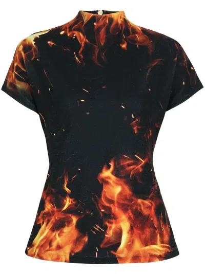 Balmain Velvet Fire Print Top In Black