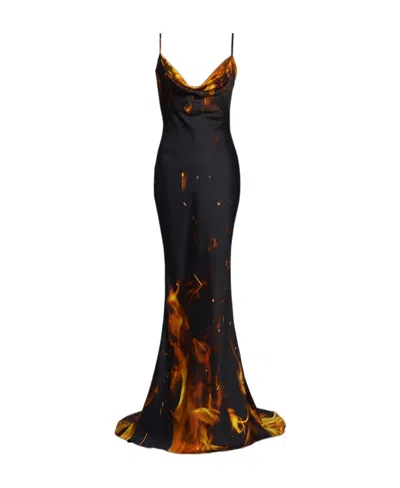 Balmain Fire Printed Satin Maxi Dress In Black