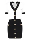 Balmain V-neck Buttoned Strong-shoulder Torsade Knit Mini Dress