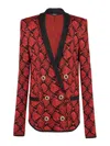 Balmain Double-breasted Shawl-collar Python Knit Blazer Jacket In Red