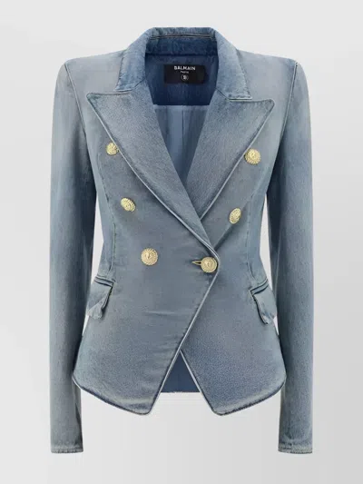 Balmain Fitted Cotton Denim Jacket With Spear Lapels In Bleu Jean Clair