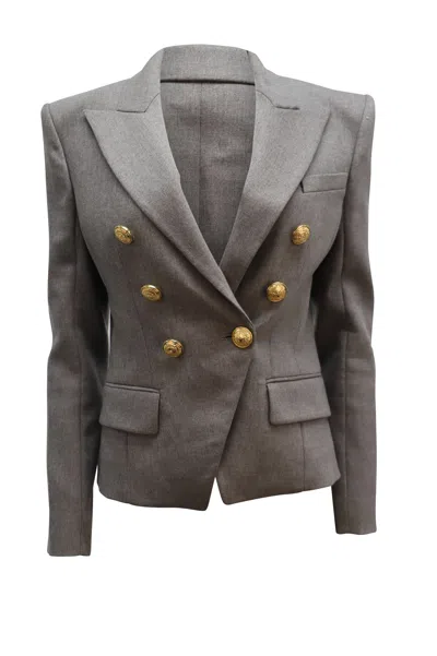 Balmain Fitted Double Breasted Blazer In Grey Wool In Brown
