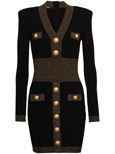 Balmain Fitted Embossed-button Mini Dress In Black