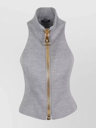Balmain Fitted High Neck Sleeveless Wool Blend Top In Gray