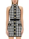 Balmain Cropped Button-embellished Gingham Knitted Top In Multicolor