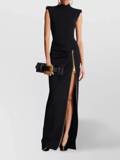 Balmain Fitted Maxi Dress Draped Detail In Black