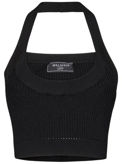 Balmain Fitted Ribbed Top With Square Neckline In Black