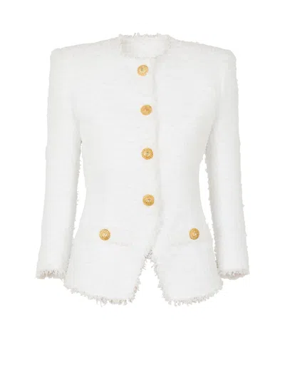 Balmain Fitted Tweed Jacket In White