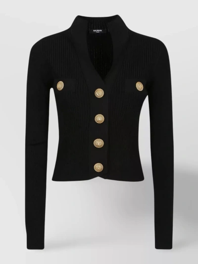 Balmain Fitted V-neck Ribbed Cardigan In Black
