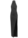 Balmain Velvet Rhinestone Halterneck Long Dress In Gray