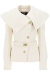 BALMAIN FITTED WHITE WOMEN'S PEACOAT WITH OVERSIZED COLLAR AND MONOGRAM-BUCKLED BELT