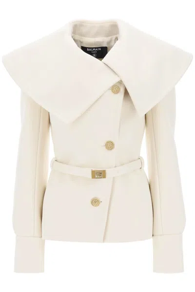BALMAIN FITTED WHITE WOMEN'S PEACOAT WITH OVERSIZED COLLAR AND MONOGRAM-BUCKLED BELT