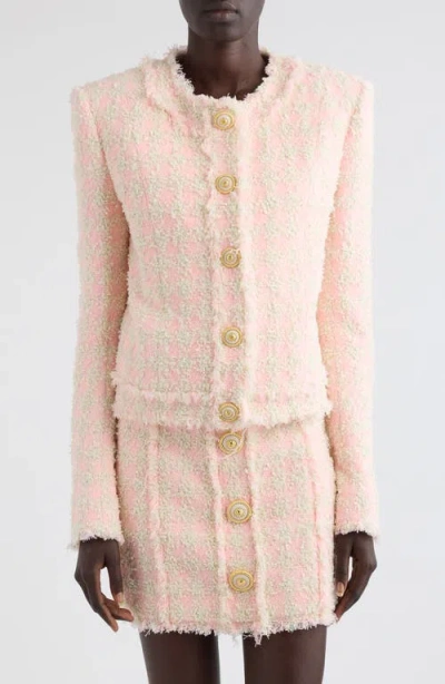 Balmain Five-button Collarless Tweed Jacket In Pink