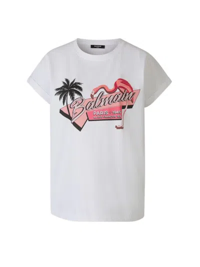 Balmain Flamingo Logo Printed T In White
