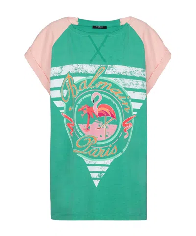 Balmain Flamingo-print Cotton T-shirt In Multi