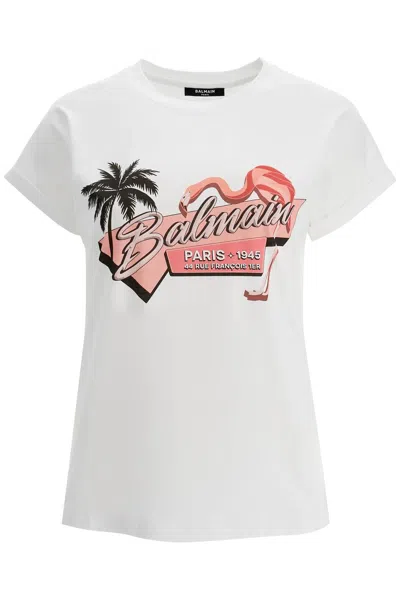 Balmain Flamingo Print T-shirt In White