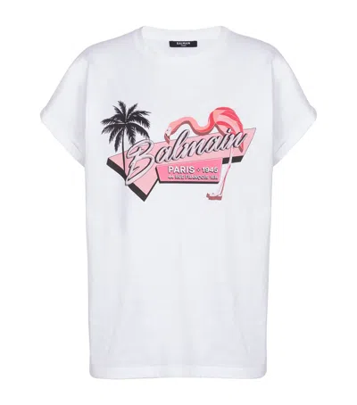 Balmain Rosa Flamingo Cotton Jersey T-shirt In White
