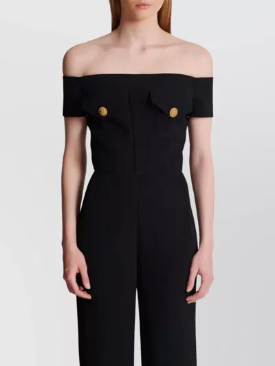 Balmain Flare Crepe Jumpsuit Off-shoulders In Black