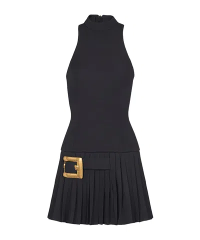 Balmain Flared Grain De Poudre Dress With Belt Detail In Black