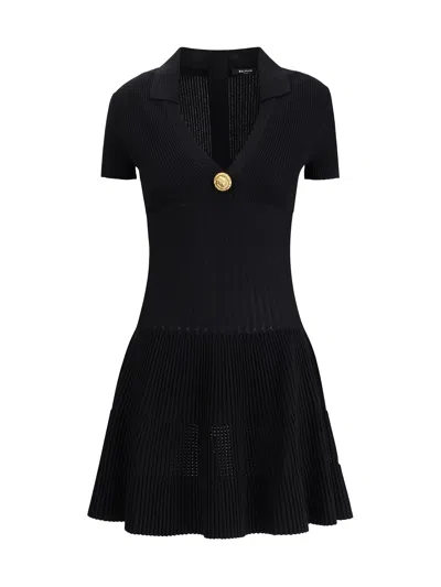 Balmain Button-embellished Ribbed Knit Mini Dress In Black