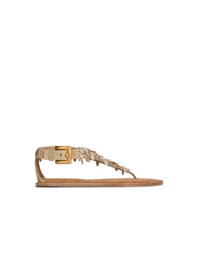 Balmain Flat Sandals In Suede, Cotton And Beads In Brown