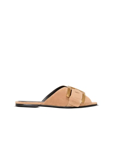 Balmain Flat Suede Leather Anthem Mules In Brown