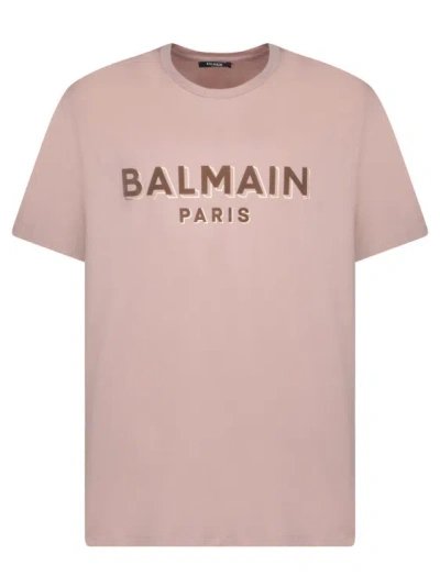 Balmain Flock And Foil Beige T-shirt In Pink